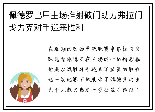佩德罗巴甲主场推射破门助力弗拉门戈力克对手迎来胜利 佩德罗巴甲主场推射破门助力弗拉门戈力克对手迎来胜利