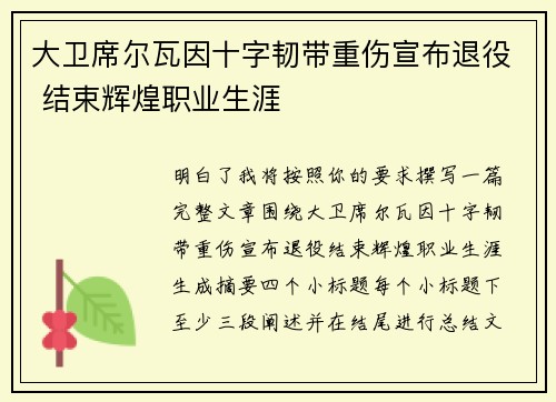 大卫席尔瓦因十字韧带重伤宣布退役 结束辉煌职业生涯