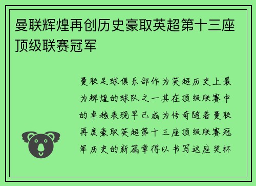 曼联辉煌再创历史豪取英超第十三座顶级联赛冠军 曼联辉煌再创历史豪取英超第十三座顶级联赛冠军
